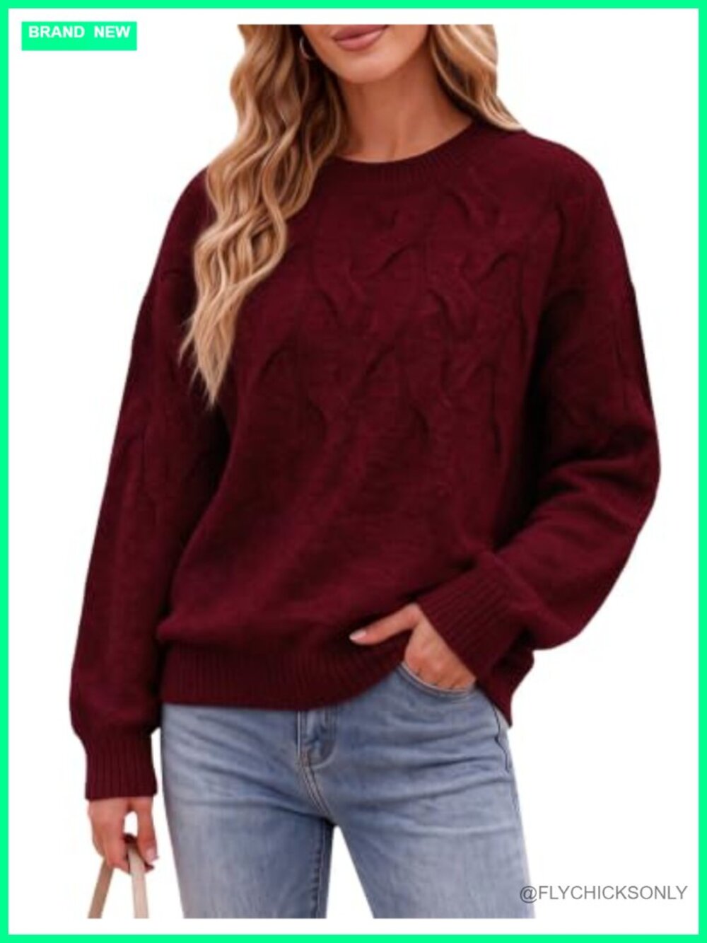 Oversized Crewneck Ribbed Cable Knit Pullover Sweater Polyester Wool Blend